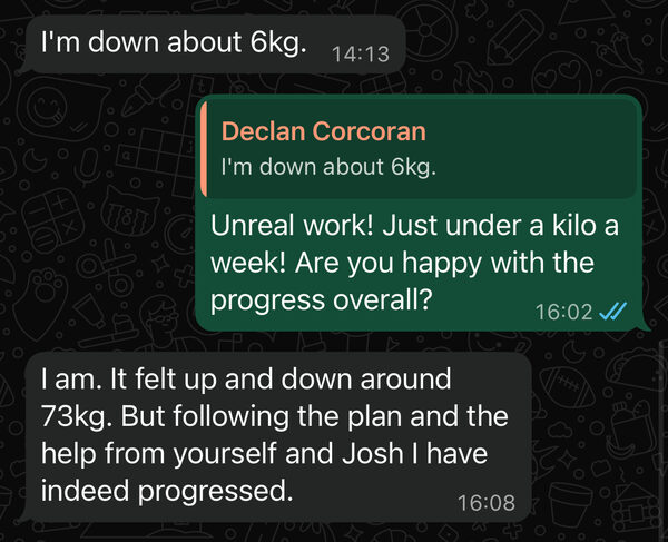 Client testimonial - down 6kg, happy with progress